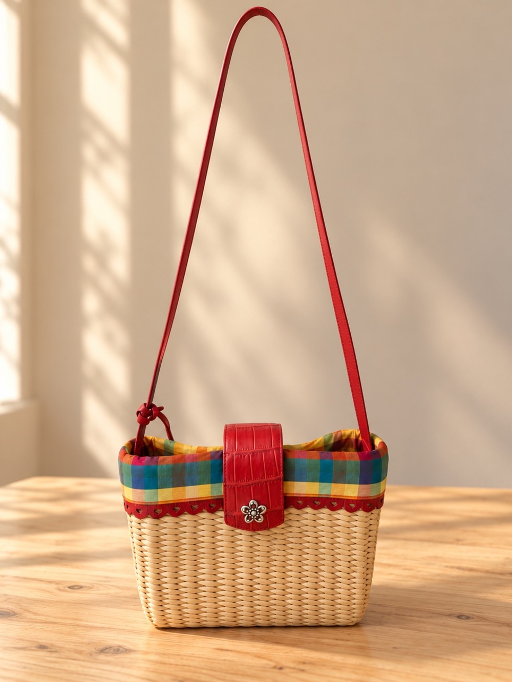 Brighton Red-Trim Woven Shoulder Bag with Multicolor Plaid Top